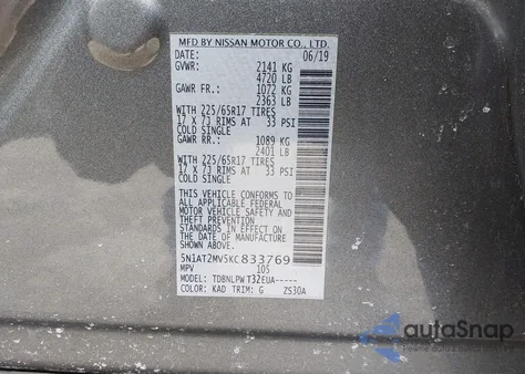 2019 Nissan Rogue S z USA, uszkodzony, nr VIN 5N1AT2MV5KC833769